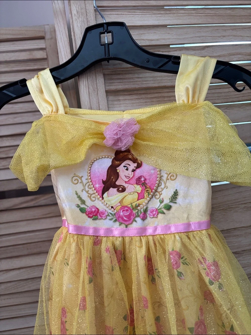 Disney Yellow Belle Dress with Pink Rose Details 4/5